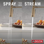 Delta Ermelo Pro Style Commercial Kitchen Faucet with Pull Down Sprayer, Single Hole Brushed Gold Kitchen Sink Faucet, Single Handle, Champagne Bronze 18887-CZ-DST
