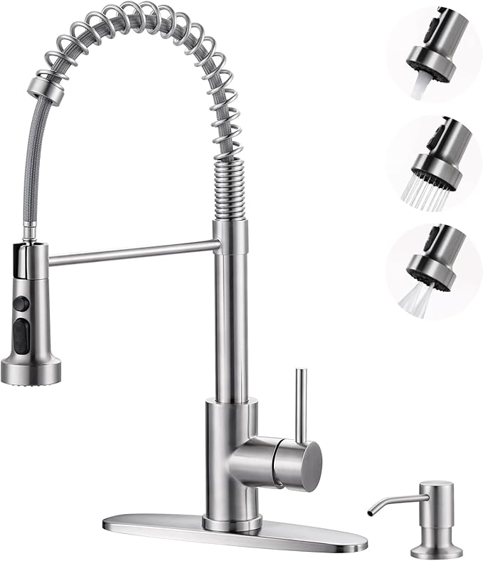 Brushed Nickel Kitchen Sink Faucet: Stainless Steel Kitchen Faucets with Soap Dispenser - 3-Function Single Handle Kitchen Faucets with Pull Down Sprayer for Farmhouse RV Laundry