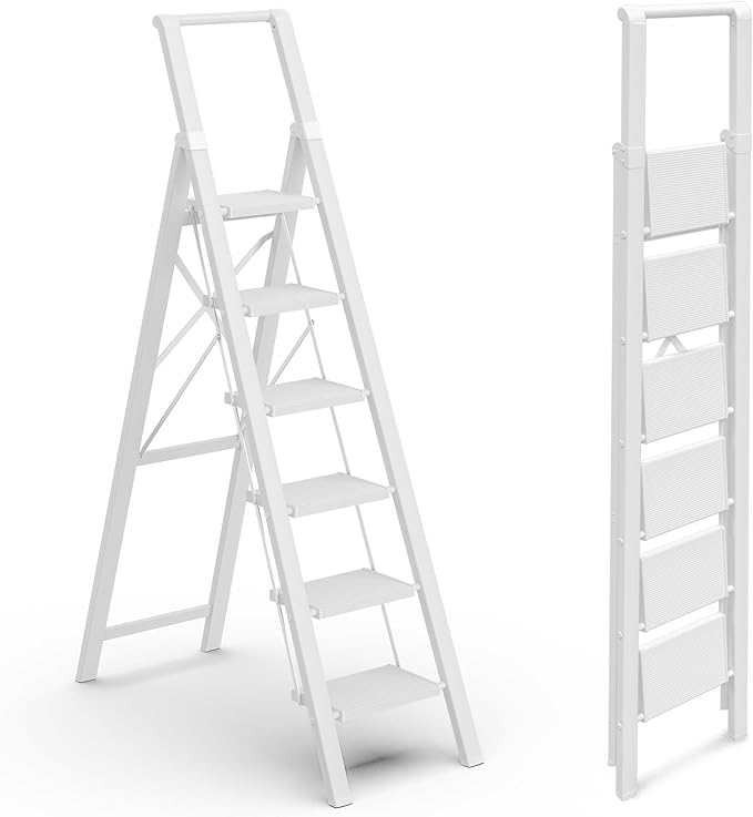GameGem 6 Step Ladder for 12 Feet High Ceiling, Lightweight Aluminum Folding Step Stool with Convenient Handgrip, Stepladders with Anti-Slip and Wide Pedal for Home Use Space Saving - White