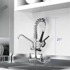 21" Height Commercial Faucet with Pre-Rinse Sprayer and 8" Add-on Swing Spout – Wall Mount Kitchen Sink Faucet,8" Adjustable Center Brass Body for 1/2/3 Compartment Restaurant Utility Sink