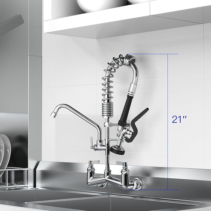 21" Height Commercial Faucet with Pre-Rinse Sprayer and 8" Add-on Swing Spout – Wall Mount Kitchen Sink Faucet,8" Adjustable Center Brass Body for 1/2/3 Compartment Restaurant Utility Sink