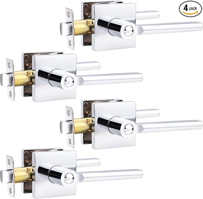 Probrico Polished Chrome Privacy Door Handle Lockset Heavy Duty Square Interior Door Lever for Bedroom or Bathroom Reversible Keyless Handleset Door Knob Slim Handed Levers, 4 Pack