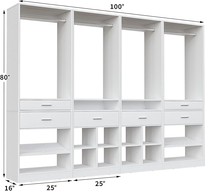 Unikito Closet System, 8.2FT Closet Organizer with 6 Wooden Drawers, Hanging Rods, Adjustable Shoe Rack and Cube Storage, Easy Assembly Wardrobe Tower, Set of 4, White