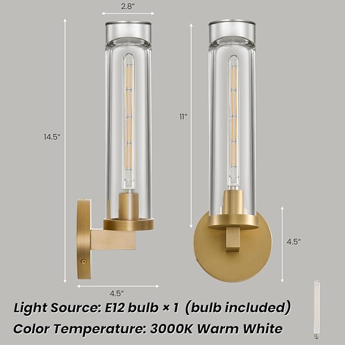 Modern Crystal Brass Gold Sconce: 14.5” Vintage Bathroom Sconce With Bulb - Clear Crystal Glass Tube Hardwired Mirror Vanity Light- Luxury Antique Indoor Brushed Gold Wall Lamp for Bedroom Living Room