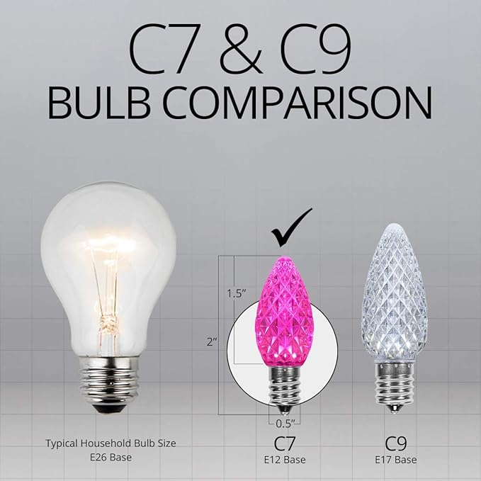 Wintergreen Lighting OptiCore C7 LED Christmas Light Bulbs - 25 Pack Heavy Duty Premium Outdoor Christmas Lights, E12 Base (Pink Faceted)