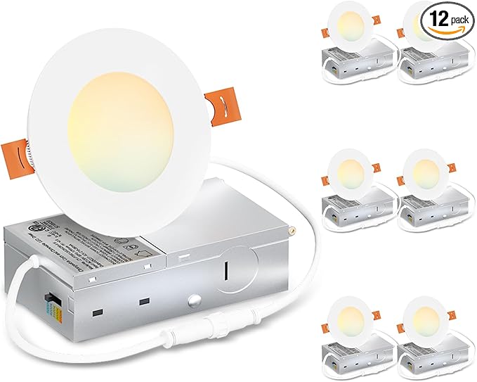 LVWIT Ultra-Thin Recessed Lighting 3 Inch with Junction Box, 550LM 2700K-5000K 5CCT LED Ceiling Lights, Dimmable Canless Wafer Downlight, ETL,FCC&IC, Smooth Trim, 6 Pack
