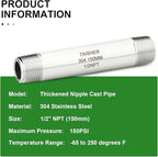 TAISHER 2PCS Stainless Steel Pipe Fittings, 1/2" NPT Male x 1/2" NPT Male Threaded, 6" Length Thickened Nipple Cast Pipe