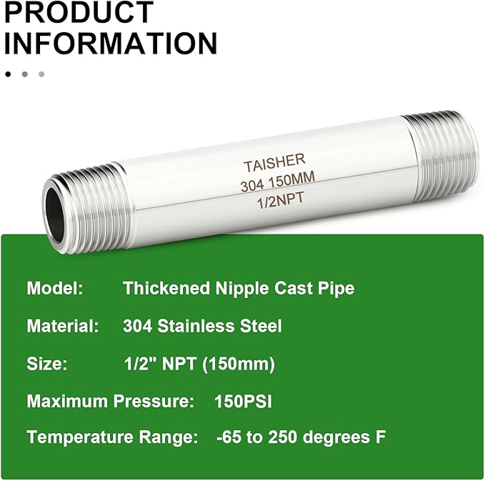 TAISHER 2PCS Stainless Steel Pipe Fittings, 1/2" NPT Male x 1/2" NPT Male Threaded, 6" Length Thickened Nipple Cast Pipe