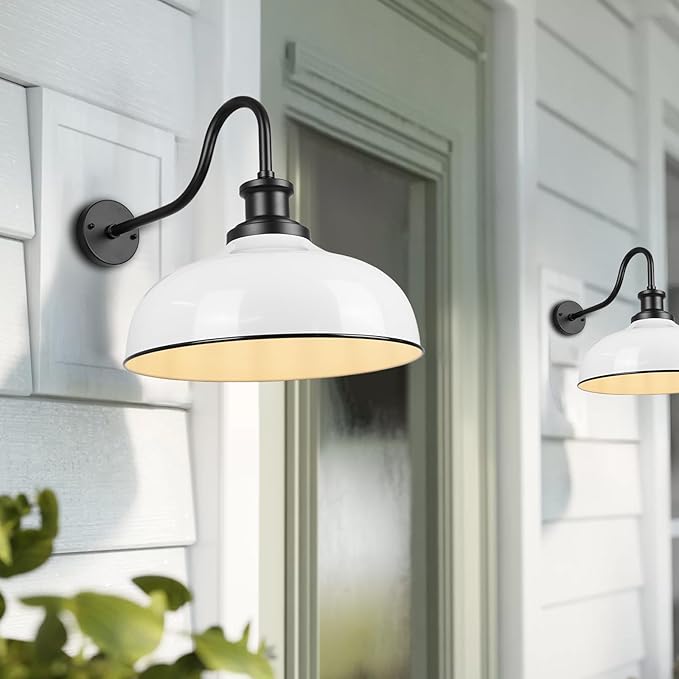 Outdoor Gooseneck Barn Lights, 14 Inch Dome Outdoor Wall Sconce Farmhouse Exterior Wall Mount Light Vintage Wall Lighting Fixture Industrial Wall Lantern for Porch, Entryway, Garage, RZ007M-2 WH