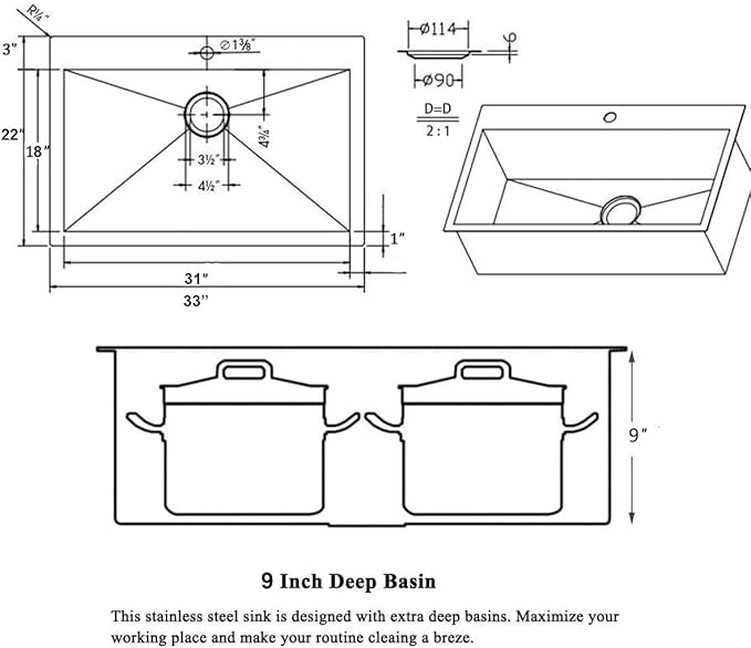 SHACO 33x22 Black Drop In Kitchen Sink, 33 Inch Large Top Mount Gunmetal Black Farmhouse Sink, Single Bowl Basin 16 Gauge SUS304 Stainless Steel Wet Bar Prep Sink