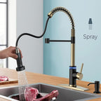 Smart Kitchen Faucet, 3 Modes Pull Down Sprayer, Touch On Sensor Activated, LED Temperature Control, 360-Degree Rotation, 1 or 3 Hole Deck Plate. 10-Year Warranty. (KW-66GR, Brushed Gold/Black)