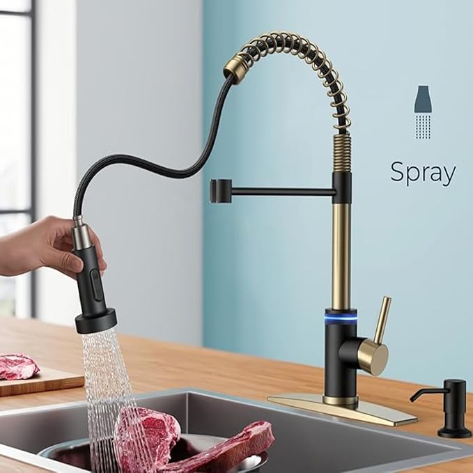 Smart Kitchen Faucet, 3 Modes Pull Down Sprayer, Touch On Sensor Activated, LED Temperature Control, 360-Degree Rotation, 1 or 3 Hole Deck Plate. 10-Year Warranty. (KW-66GR, Brushed Gold/Black)