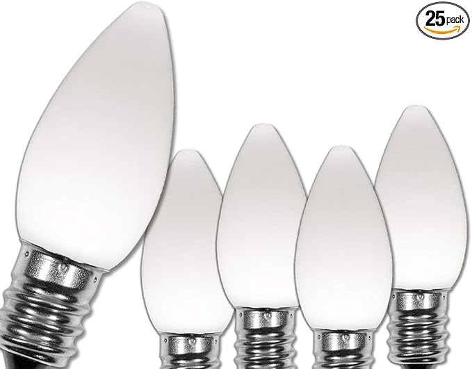 Wintergreen Lighting 25 Pack OptiCore C7 LED Christmas Light Bulbs - Replacement LED Christmas Lights Heavy Duty Premium Outdoor Christmas Lights, E12 Base (Cool White Smooth)