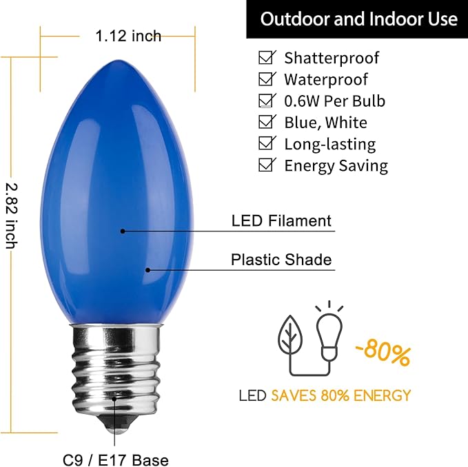 Brightown C9 LED Replacement Christmas Bulbs, 25 Pack Blue and White Shatterproof C9 Bulbs, Waterproof Commercial LED Holiday Bulb for Christmas String Light, E17 Intermediate Base, Dimmable