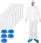 ETERNA Hazmat Suits- 5 Pack Disposable Protective Coveralls with Hood, Zipper, Elastic Wrists, Shoe Covers for Men & Women, Shield from Dirt, Dust, Paint (White, XXX-Large)