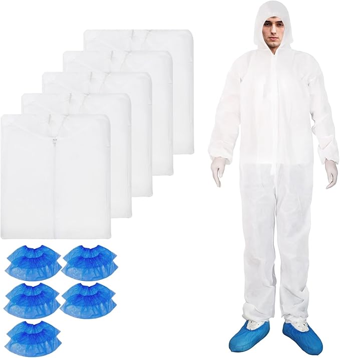ETERNA Hazmat Suits- 5 Pack Disposable Protective Coveralls with Hood, Zipper, Elastic Wrists, Shoe Covers for Men & Women, Shield from Dirt, Dust, Paint (White, X-Large)