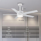 52 Inch Modern Ceiling Fan Light with Remote Control, Reversible DC Motor, Stepless Dimmable, Noiseless Modern Ceiling Fan for Indoor Use, White