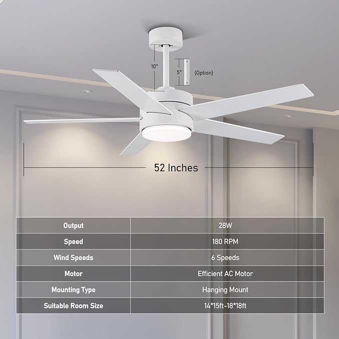 52 Inch Modern Ceiling Fan Light with Remote Control, Reversible DC Motor, Stepless Dimmable, Noiseless Modern Ceiling Fan for Indoor Use, White