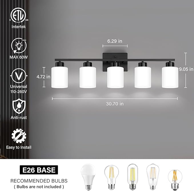 Black Bathroom Light Fixtures, 5-Light Modern Vanity Light Over Mirror, Wall Sconces with Milky White Frosted Glass Shades, E26 Socket (Bulbs Not Included)