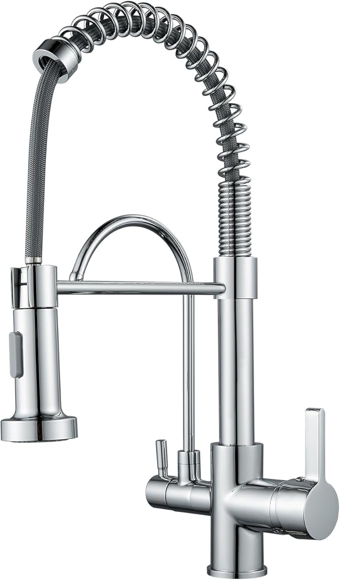 MENATT 3 in 1 Kitchen Faucet with Drinking Water Faucet, Pull Down Double Handle Filtration Kitchen Faucet Chrome (Without Water Filtration Device)