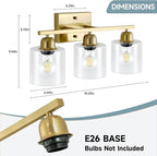 Modern Brushed Gold 3 Light Bathroom Light Fixtures, 19 inch Vanity Lights for Bathroom with Clear Glass for Mirror Kitchen Living Room Hallway Cabinet Porch