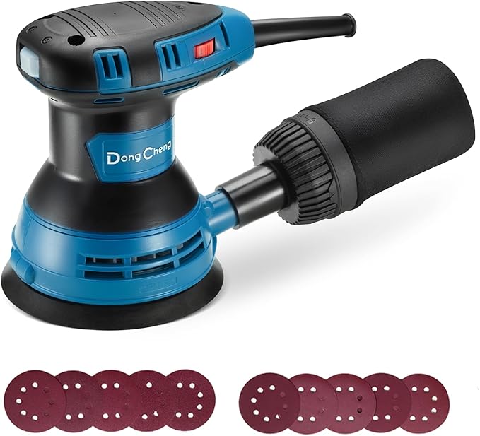 Dong Cheng 5-Inch Random Orbital Sander 3 Amp 12000OPM, 6 Variable Speeds, with 10pcs Sandpaper & Detachable Dust Bag, Sanding for Woodworking, Refinish Furniture & Remove Varnish