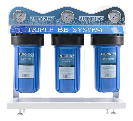 Bluonics Whole House Water Purifier - 3 Stage Filter System for Rust, Iron, Sand, Dirt, Sediment, Bad Taste/Odor Reduction