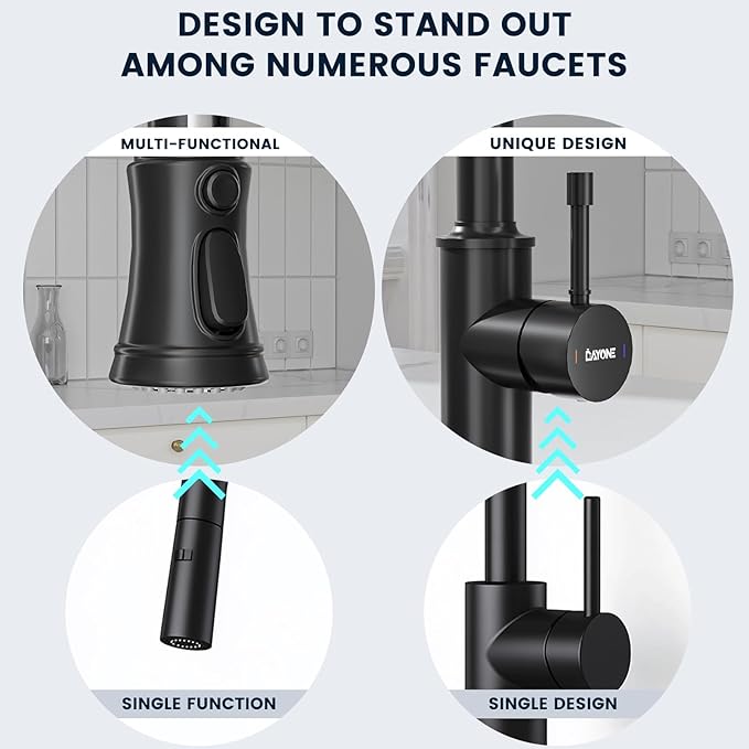 DAYONE Matte Black Kitchen Sink Faucet with Pull Down Sprayer Antique, 3 Modes Stainless Steel Spring Vintage Sink Faucet for Kitchen Bar Camper 1 or 3 Holes Single Handle
