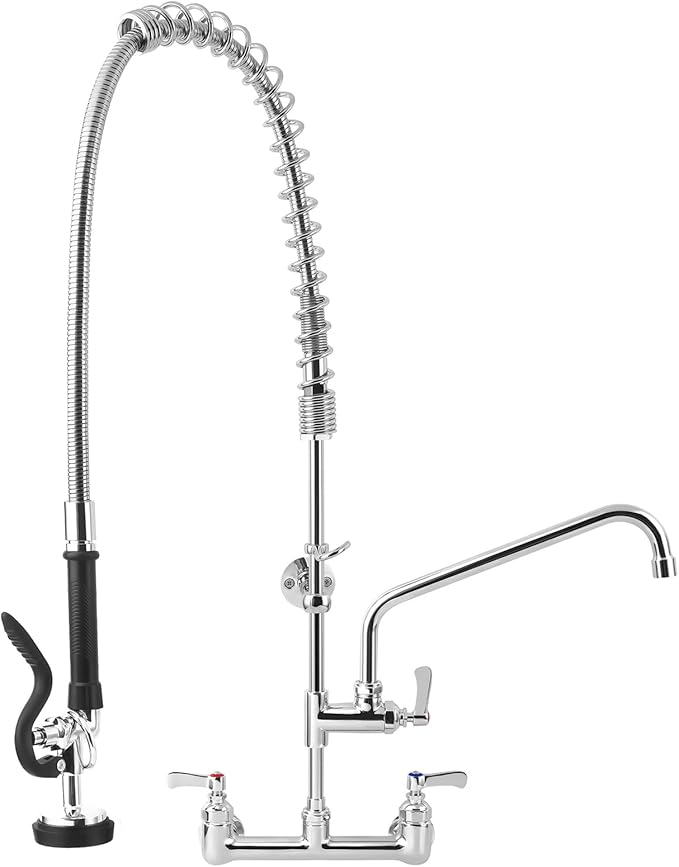 36" Height Commercial Faucet with Sprayer, 8" Adjustable Center & 12" Add-on Swing Spout, Wall Mount Pre Rinse Commercial Sink Faucet for Restaurant Industrial Kitchen