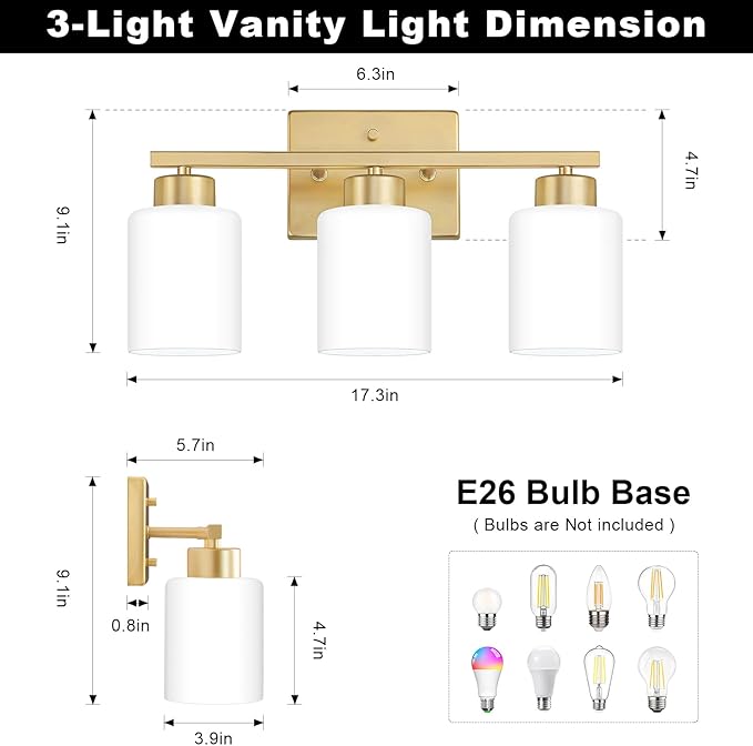 Gold Bathroom Light Fixtures, 3-Light Modern Vanity Light Over Mirror, Wall Sconces with Milky White Frosted Glass Shades, E26 Socket (Bulbs Not Included)