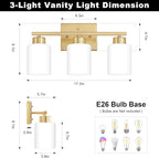 Gold Bathroom Light Fixtures, 3-Light Modern Vanity Light Over Mirror, Wall Sconces with Milky White Frosted Glass Shades, E26 Socket (Bulbs Not Included)