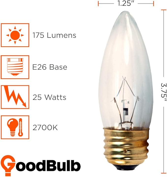 GoodBulb 25-Watt Incandescent Torpedo Light Bulbs B10 Shape Clear Finish Medium E26 Base 2700K Warm White Light Color Dimmable 175 Lumens Decorative Chandelier Lamps Pack of 12