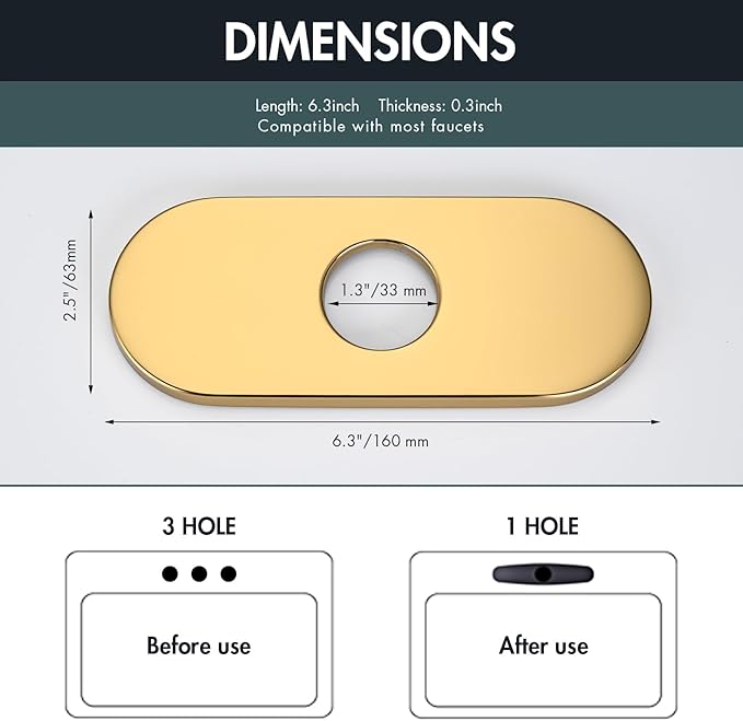 6 Inch Faucet Deck Plate for Bathroom Sink - Universal Fit for 1 Hole or 3 Hole 4 Inch Centerset Basins - Escutcheon Faucet Plate - Stainless Steel Faucet Hole Cover(Chrome Gold)
