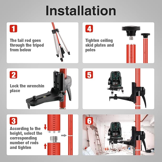 Laser Level Pole with Tripod, Telescoping Tripod, 12 Ft./3.7M with 1/4-Inch by 20-Inch Lasers' Mount for Rotary and Line Lasers' Level, 5/8"-11 Adapter Nut Included, Red
