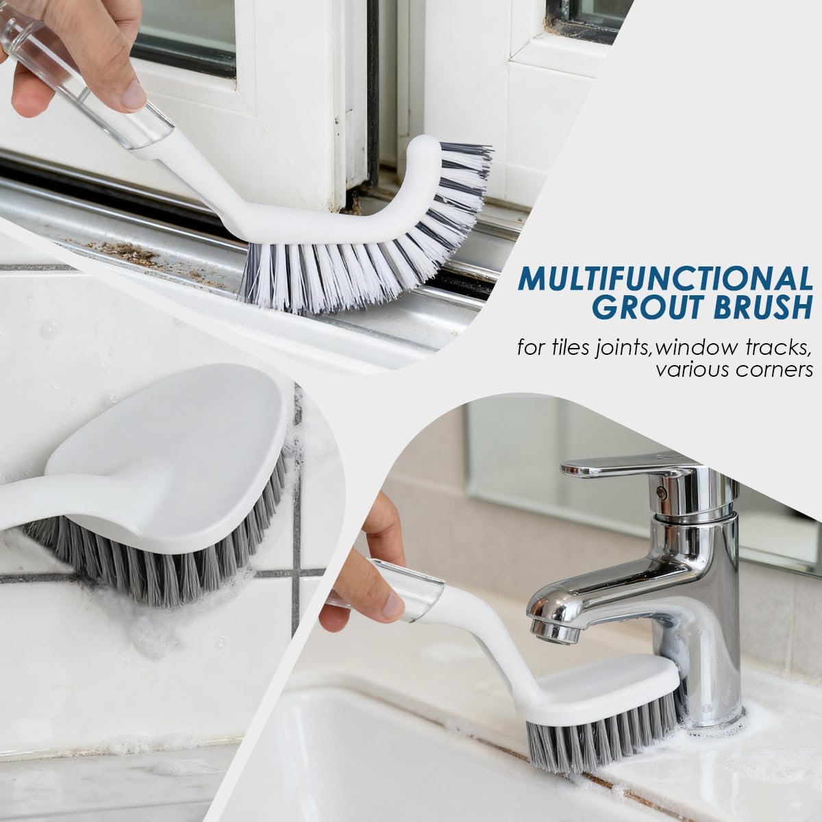 3 Pack Heavy Duty Bathroom Scrub Brush with Long Handle, Stiff Bristles Grout Brush, Scrub Brushes for Cleaning Bathroom, Shower, Tile, Tub, Carpet, Kitchen, Sink (Crystal Gray)