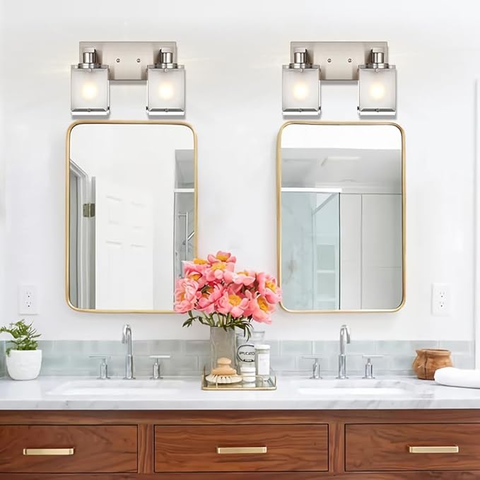 2-Lights Wall Sconce Lighting, Brushed Nickel Bathroom Vanity Light Fixture with Rectangular Frosted Glass for Over Mirror, E26 Bulb Base