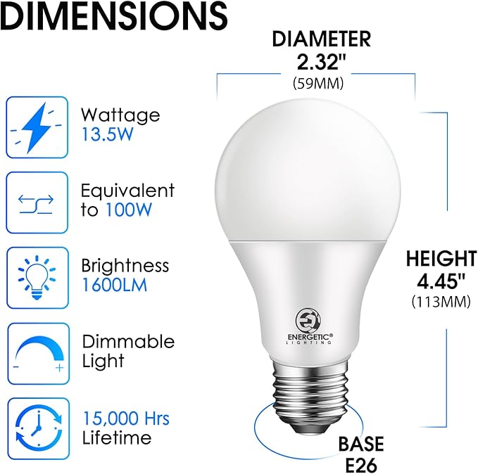 Energetic 12-Pack A19 LED Bulb 100W Daylight 5000K Dimmable Light Bulbs, 13.5W 1600lm CRI80+, 15000Hrs, ETL Listed