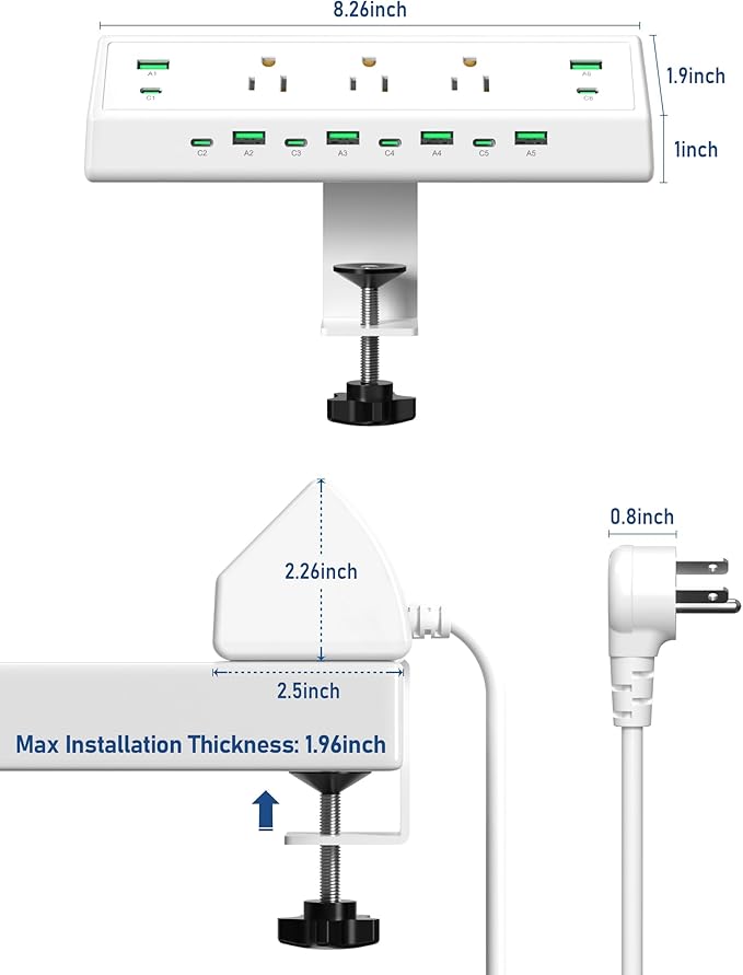 Jgstkcity 90W Desk Clamp Power Strip,12 USB Ports (6 PD 45W USB-C),Surge Protector,ETL Listed Power Hub Extension Cord,Fast Charging Station for Home Office Desk Edge Mount (White, 12 USB-90W)
