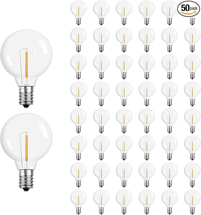 Meconard G40 Led Replacement Light Bulbs, 1.57 Inch 1 Watt Shatterproof LED Globe Bulbs for Indoor Outdoor String Lights, E12 or C7 Candelabra Screw Base Sockets, Warm White, 50 Pack