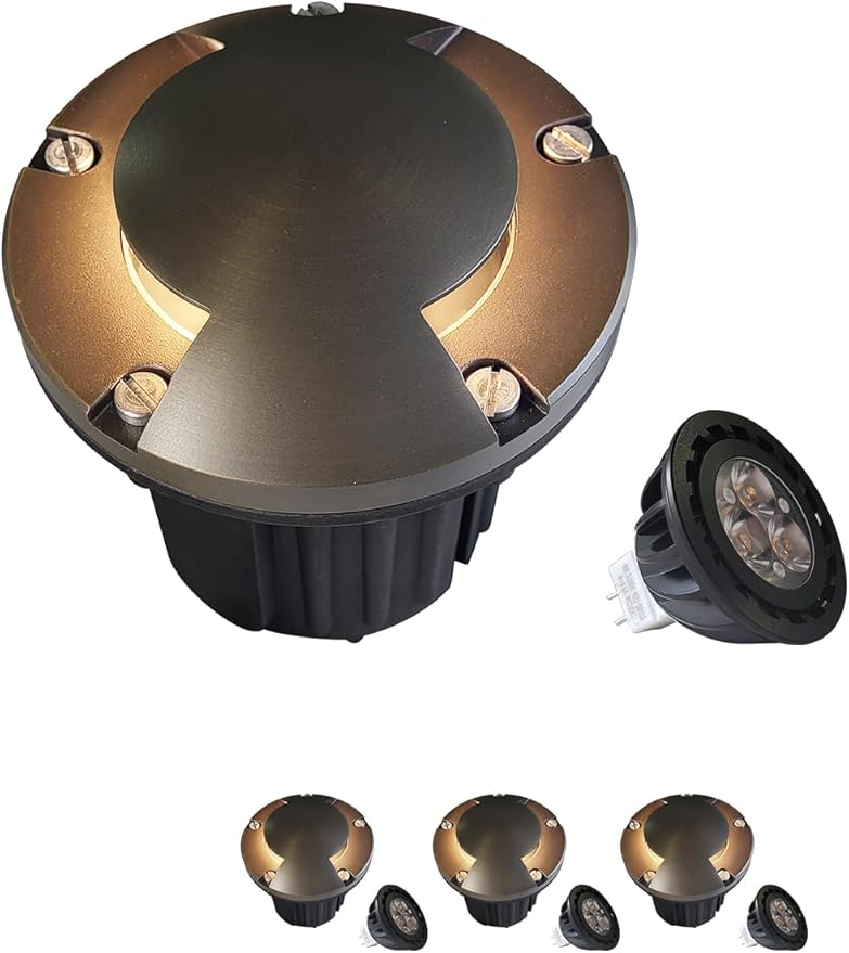 MALORY Brass Top Cover Landscape Well Lights,(5''H) 12V Low Voltage Outdoor In Ground Lights,Landscape Lighting for Pathway, Driveway and Garden (Two-Direction Turret, 4-Pack with Bulb)