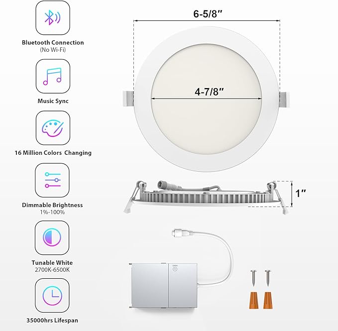 6 Inch Smart Recessed LED Ceiling Soffit Lights, 12W 1080LM RGBCW Canless Recessed Lights Color Changing CCT Dimmable LED Downlight with Junction Box, 6 Pack