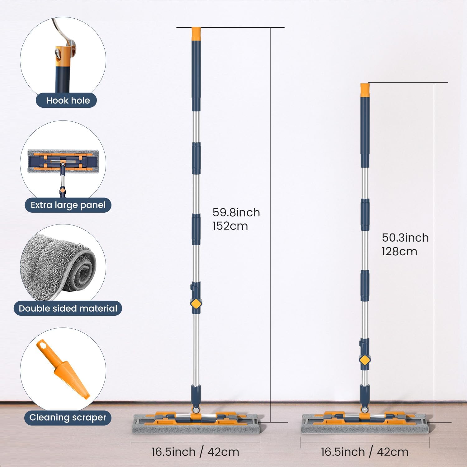 18" Microfiber Flat Mops for Floor Cleaning, Commercial Dust Mop for Hardwood Floors with Stainless Steel Handle - 6 Reusable Flat Mop Refills and 1 Dirt Removal Scrubber Included