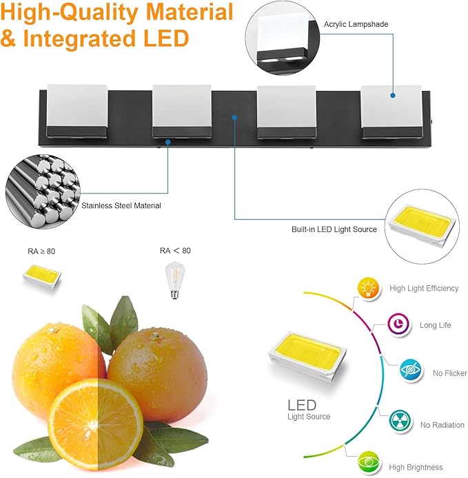 SineRise LED Modern Bathroom Vanity Light Fixtures (4-Light, 30-Inch, 5CCT), Matte Black Modern Acrylic Bathroom Wall Lighting Fixtures Over Mirror (3000K/3500K/4000K/5000K/6000K)