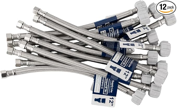 (12pcs 12 inch) PLUMBINGMASTER Toilet Water Supply Line,3/8" Comp x 7/8" BC Braided Stainless Steel Toilet Supply Line,Toilet Connector Hose with Anti-Leaking Brass Nut