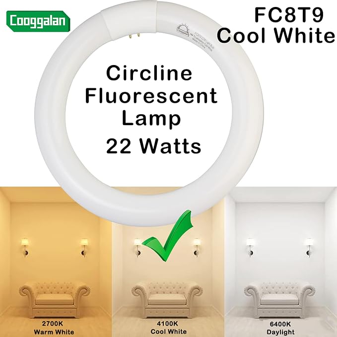 8 inch FC8T9/CW 22W Cool White Circular Fluorescent Light Bulb, Round T9 22 Watt Circline Fluorescent Lamp Bulbs 4100K 1350 Lumens, G10q 4 Pin Base, 2 Pack
