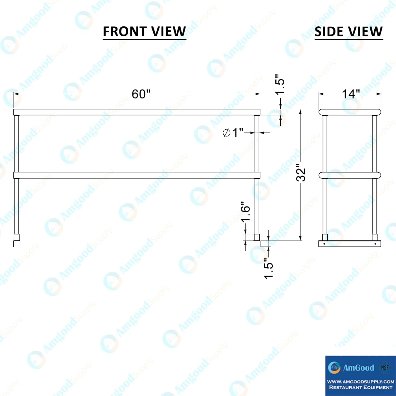 AmGood Double OverShelf Stainless Steel NSF - Many (60" Long x 14" Deep)