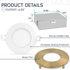LUXRITE 4 Inch Ultra Thin LED Recessed Light with J-Box, 10W, 5 Color Options 2700K | 3000K | 3500K | 4000K | 5000K, Dimmable Wafer Lights, 750 Lumens, Brass Trim, Energy Star, IC Rated
