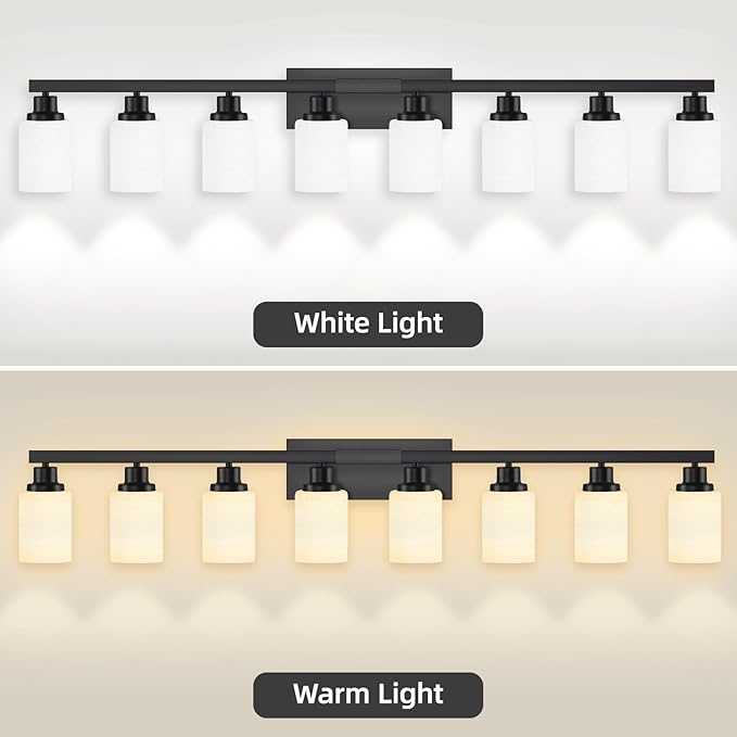 8-Light Bathroom Light Fixtures Over Mirror, 52inch Modern Matte Black Vanity Lights with White Frosted Glass Shade, Bathroom Wall Lamp Sconces for Mirror Bedroom, Living Room Hallway