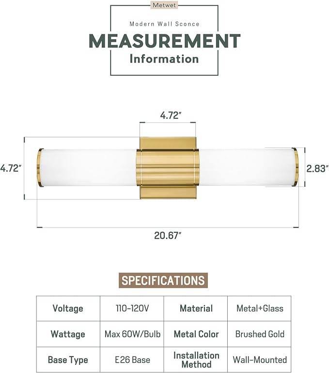 Bathroom Light Fixtures, 2-Light Vanity Lights for Mirror with Milk Glass Shade, Brushed Gold Wall Sconces Up and Down Wall Lamp for Bathroom Bedroom Hallway, VL834-BG-ML