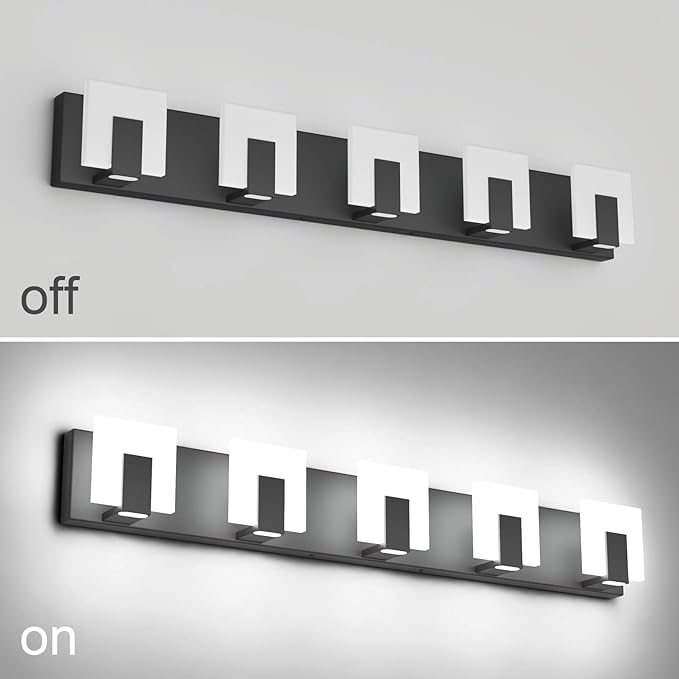Aipsun 5 Lights Modern Black Vanity Light Up and Down Black Bathroom Lighting Fixtures LED Bathroom Wall Light Over Mirror 6000K